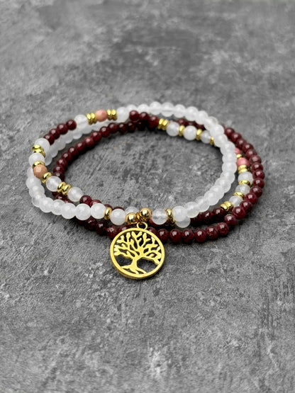 Garnet, white jade and rhodonite - Trio of bracelets