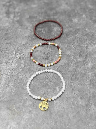 Grenat, jade blanc et rhodonite  - Trio de bracelets - Petiole™